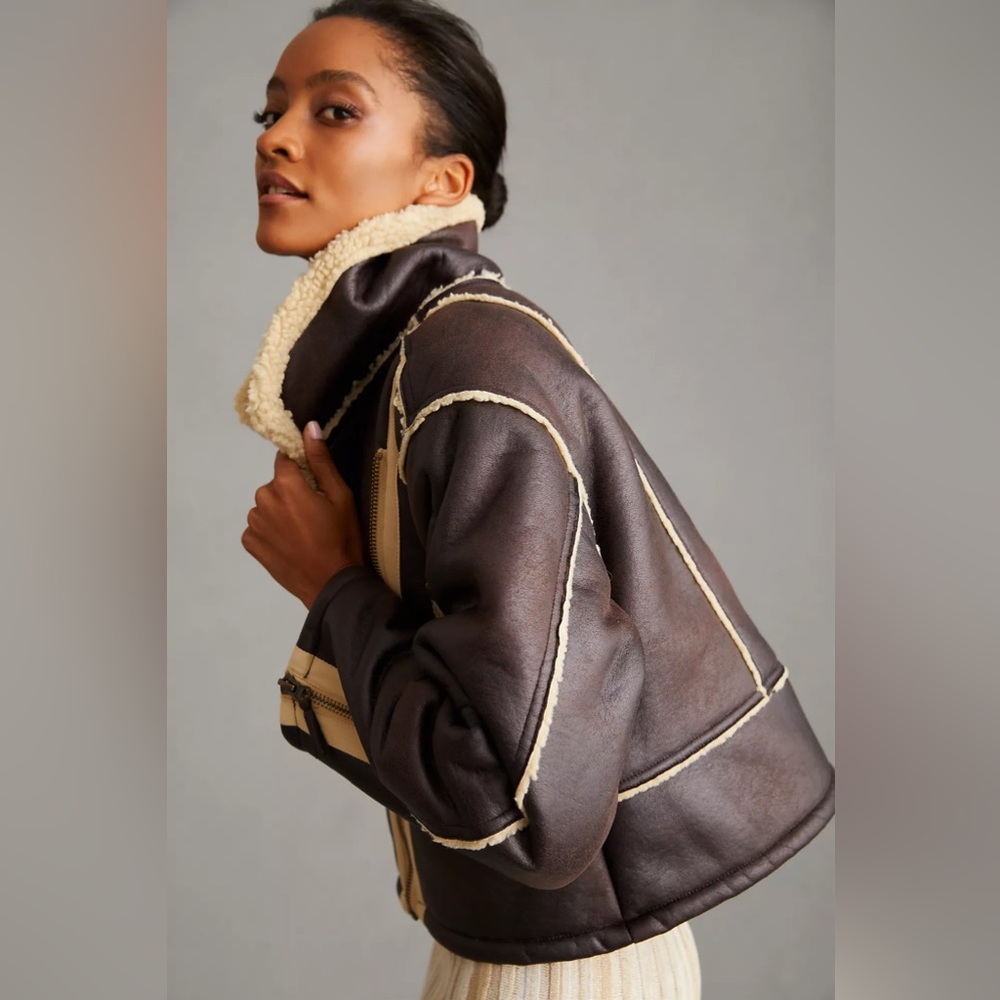 Pilcro Brown Faux-Leather Shearling Jacket with Cream Lining - Picture 7 of 11